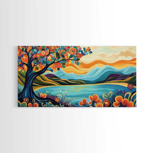 Colorful Landscape, wildflower painting, California poppy art, landscape painting, whimsical art, rustic decor, Framed Canvas Print