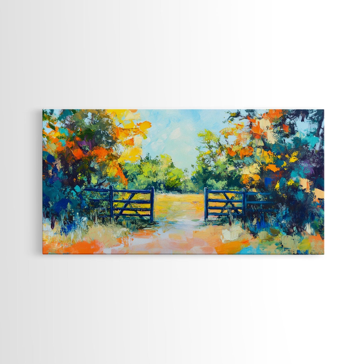 Open Gate, countryside painting, landscape art, framed canvas print, autumn wall art, farmhouse decor, rustic art, extra wide art