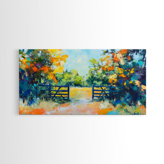 Open Gate, countryside painting, landscape art, framed canvas print, autumn wall art, farmhouse decor, rustic art, extra wide art