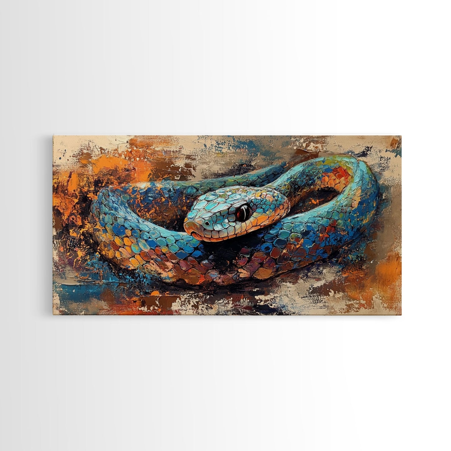 Blue Snake, abstract animal art, framed canvas print, moody art, wildlife painting, bold colors, rustic decor, modern wall art