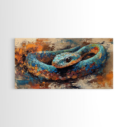 Blue Snake, abstract animal art, framed canvas print, moody art, wildlife painting, bold colors, rustic decor, modern wall art