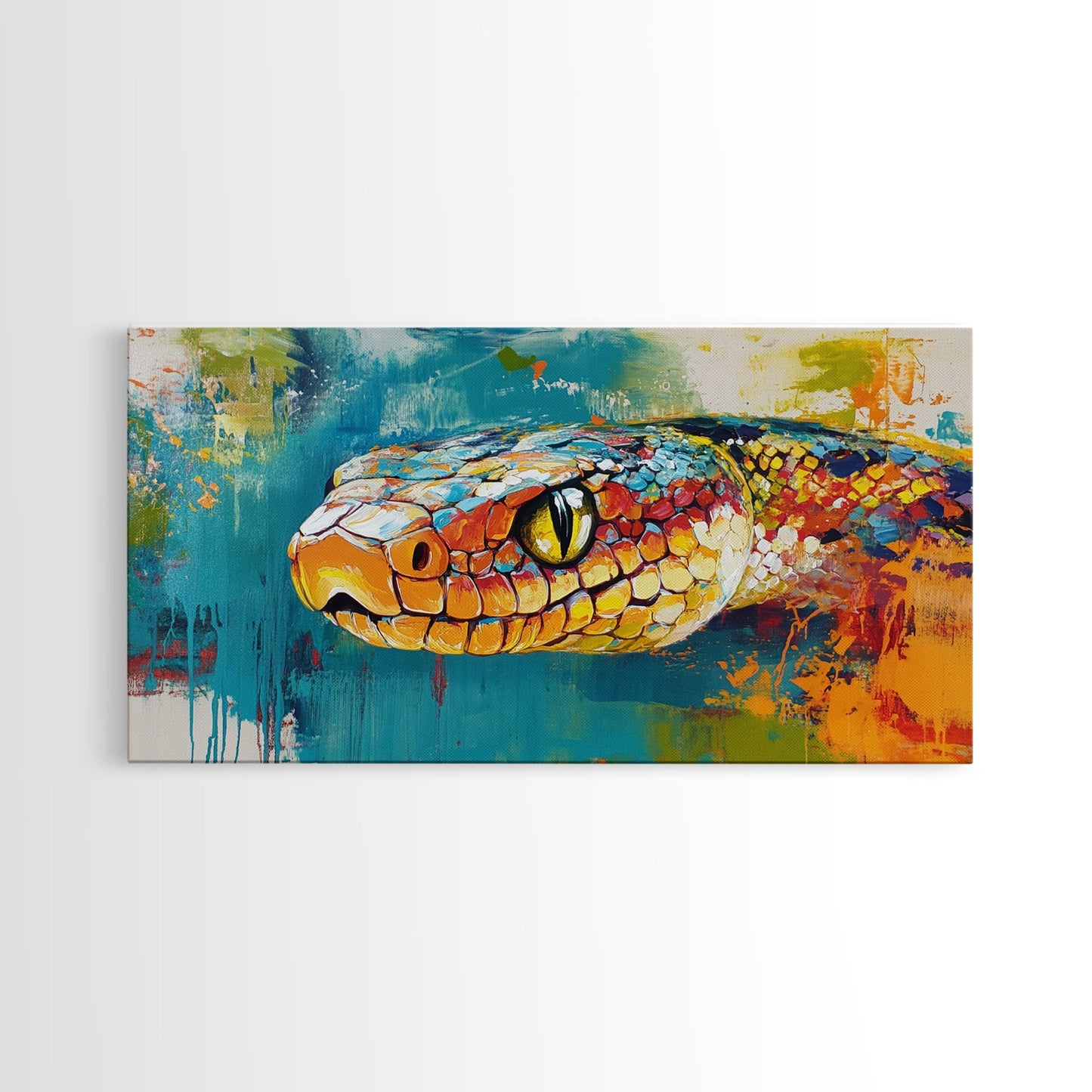 Colorful Snake, wildlife painting, framed canvas print, reptile wall art, bold abstract art, extra wide art, rustic decor