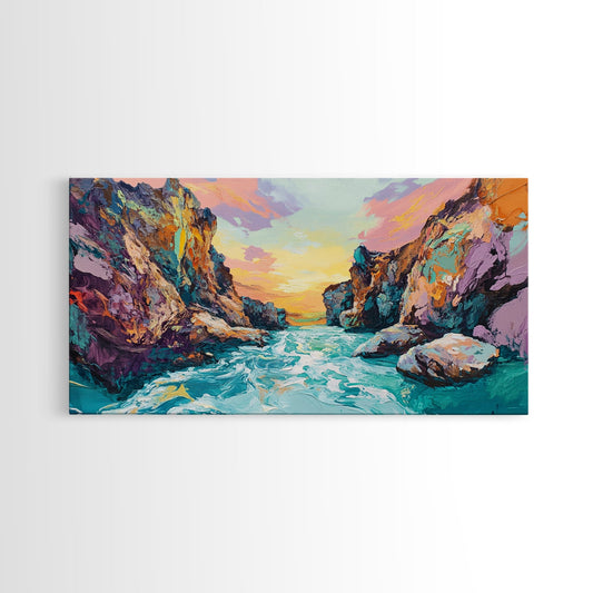 Coastal Canyon Sunset, panoramic painting, extra wide art, framed canvas print, seascape painting, southwest wall art