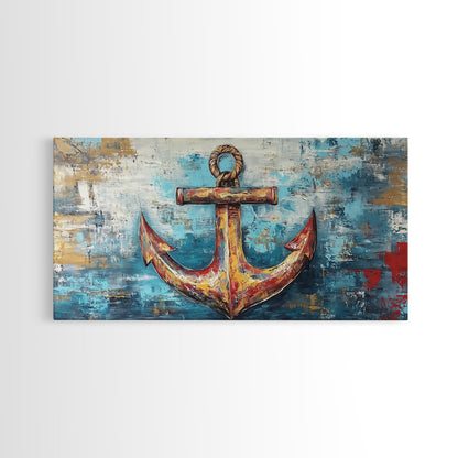 Nautischer Anker, Küstendeko, Rustikale Wandkunst, Extra breites Bild, Nautische Wandkunst, Horizontale Wandkunst, Gerahmter Leinwanddruck, Wohnzimmerkunst