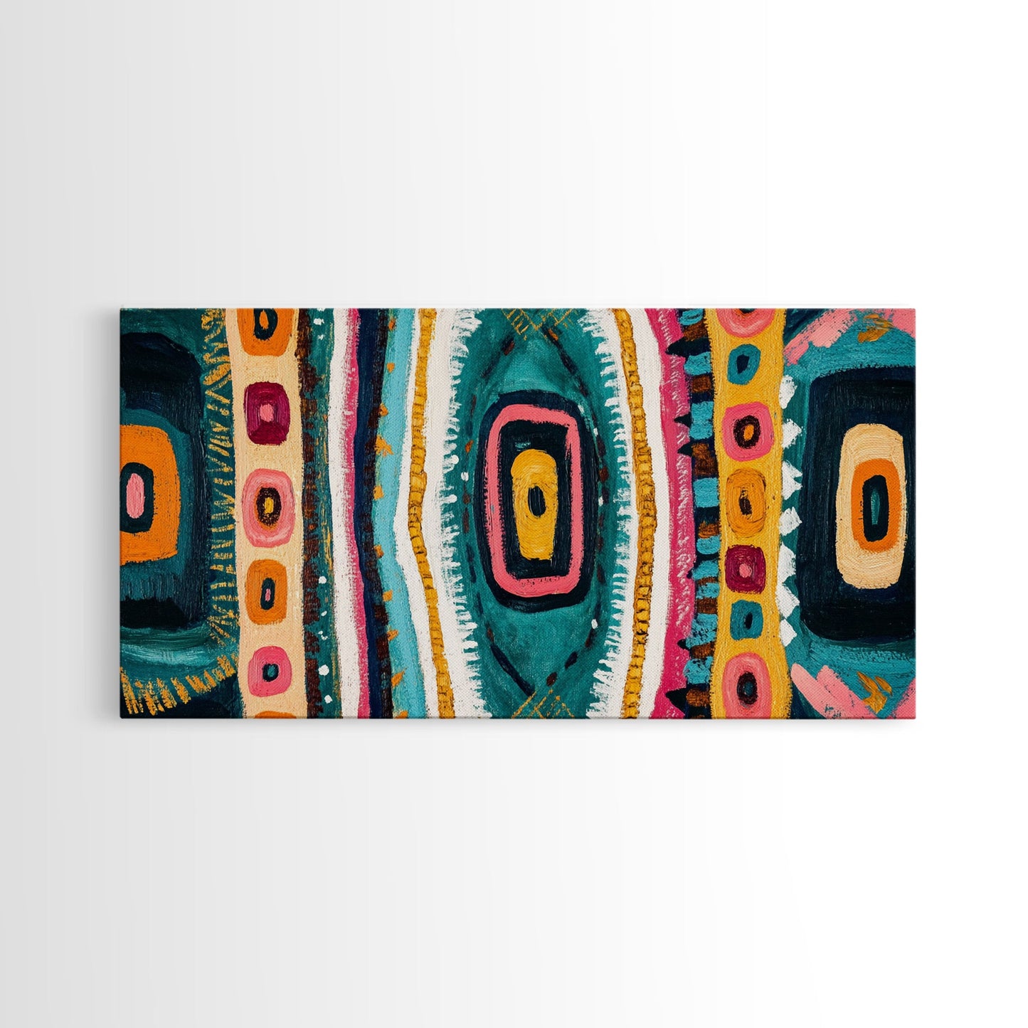 Geometric Abstract, bold colors, sacred geometry art, tribal design, vibrant patterns, extra wide art, Framed Canvas Print, boho art