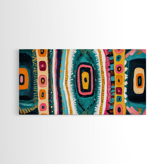 Geometric Abstract, bold colors, sacred geometry art, tribal design, vibrant patterns, extra wide art, Framed Canvas Print, boho art