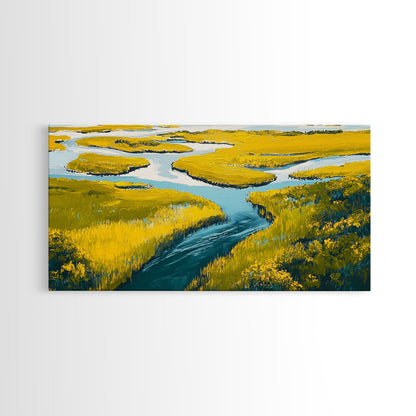 Marshland Landscape, marsh painting, landscape painting, above sofa art, extra wide art, panoramic art, Framed Canvas Print
