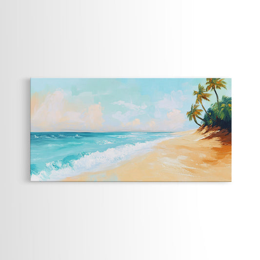 Tropical Beach, Coastal Landscape Art, Nautical Decor, Coastal Cowgirl Wall Art, Framed Canvas Print, Blue and Green Wall Art