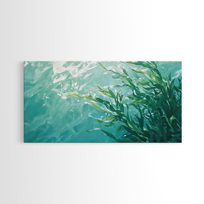 Kunst aus Kelpwäldern, Küstenlandschaften, maritime Wandbilder, gerahmte Leinwanddrucke, vom Meer inspirierte Kunstwerke, Wandbilder in Blau und Grün