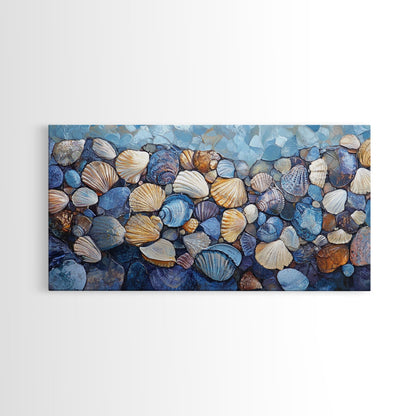 Seashell Beach Art, coastal wall art, oyster shell painting, blue and green wall art, framed canvas print, extra wide art