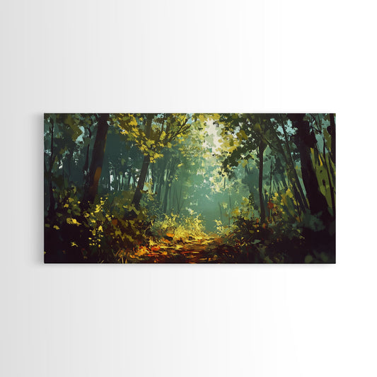 Forest Path, Sunlit Trees, Green Wall Art, Nature Landscape, Panoramic Painting, Rustic Wall Art, Framed Canvas Print