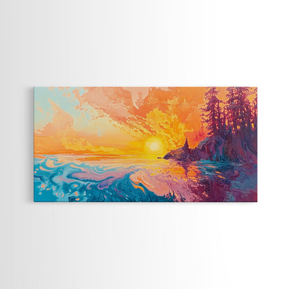 Feuriger Sonnenuntergang, Stimmungsvolle Kunst, Kunst vom Lake Tahoe, Farbenfrohe Landschaft, Wandkunst aus dem Südwesten, Panoramagemälde, Gerahmter Leinwanddruck, Naturkunst
