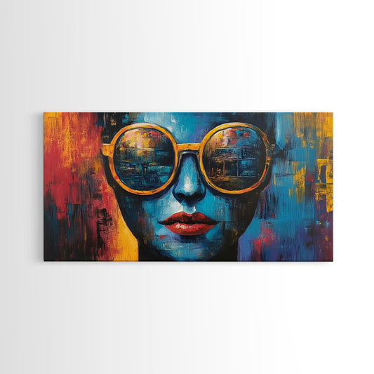 Bold Sunglasses Portrait, graffiti wall art, moody art, chicano art, abstract portrait, pop art decor, gift idea her, Canvas Print