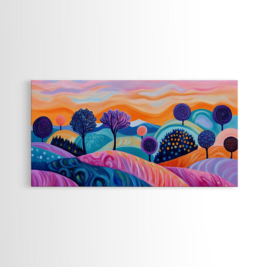 Whimsical Colorful Hills, whimsical art, folk art, pink orange wall art, playful decor, colorful landscape painting, Canvas Print
