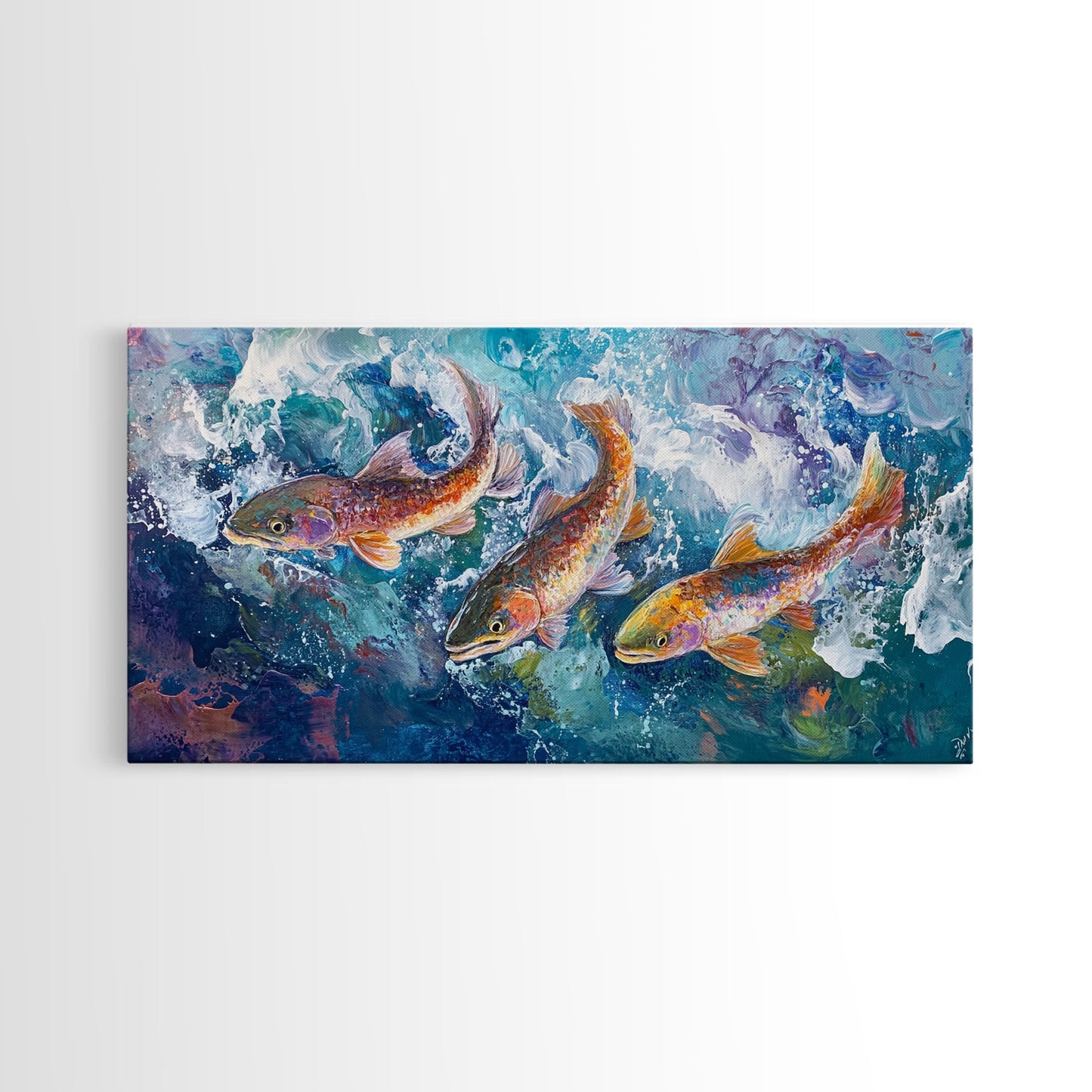 Koi-Fisch-Gemälde, gerahmter Leinwanddruck, Kunst zum Fliegenfischen, Forellenkunst, extra breites Gemälde, farbenfrohes Fischgemälde, Panoramabild