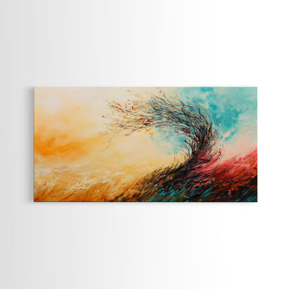 Windiger Herbst, gerahmter Leinwanddruck, Herbstwandbild, abstrakte Landschaft, extra breites Gemälde, Panoramabild, Herbstdekoration