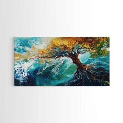 Tree in Waves, Canvas Print, coastal landscape art, wabi sabi art, extra wide painting, ocean painting, panoramic wall art