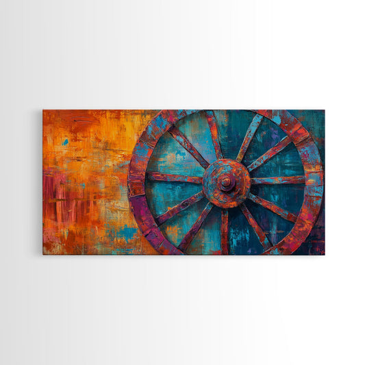 Colorful Wagon Wheel, Framed Canvas Print, rustic decor, western wall art, extra wide painting, farmhouse art, vintage aesthetic
