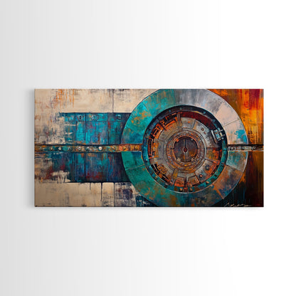 Industrieller Tresorraum, Steampunk-Wandkunst, Mechanische Wandkunst, Extra breite Kunstwerke, Horizontale Wandkunst, Gerahmter Leinwanddruck, Wohnzimmerkunst, Stimmungsvolle Kunst