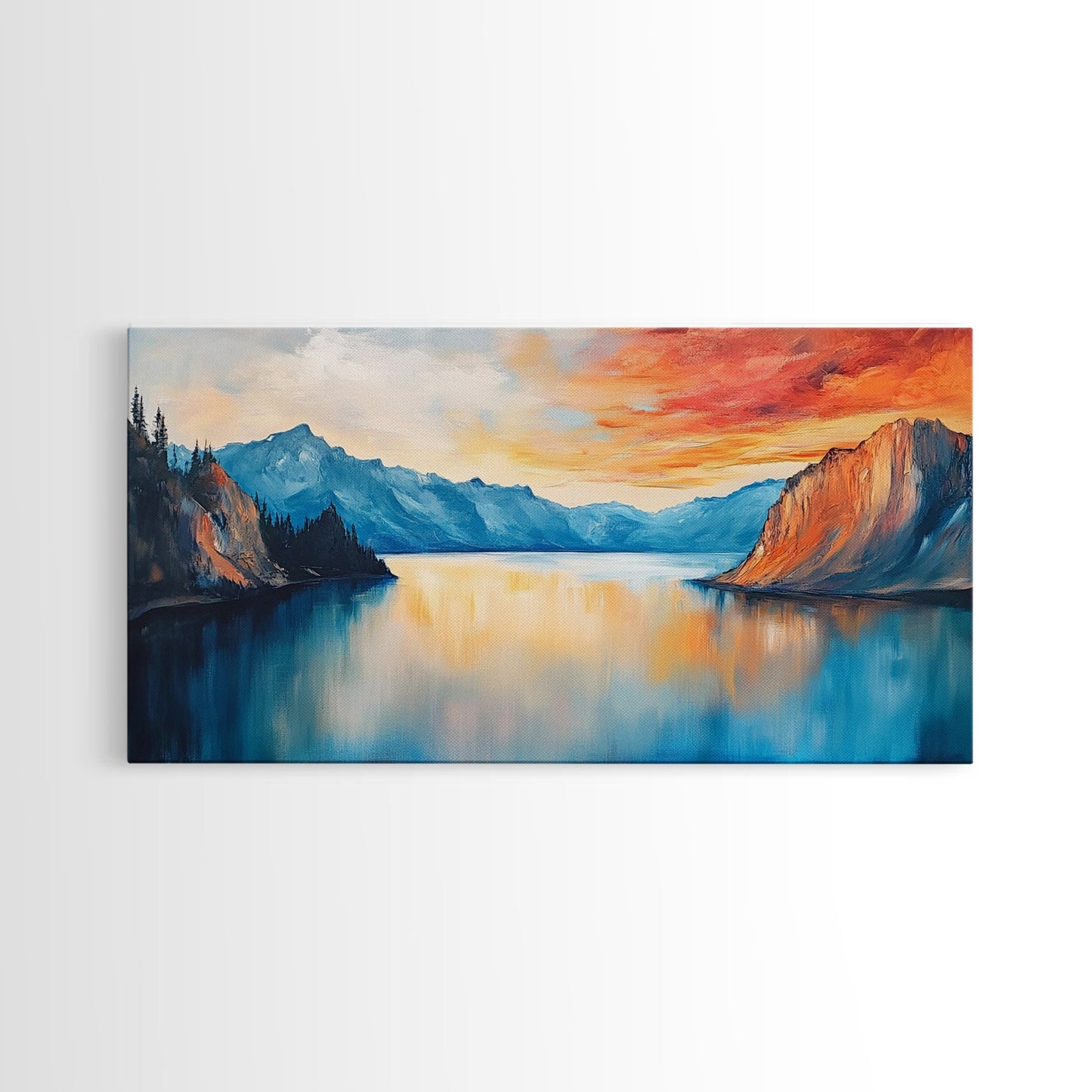 Mountain Lake Painting, Landscape Art, Lake Tahoe Art, Smoky Mountain Art, Rustic Decor, Sunset Wall Art, Extra Wide Art, Framed Canvas Print