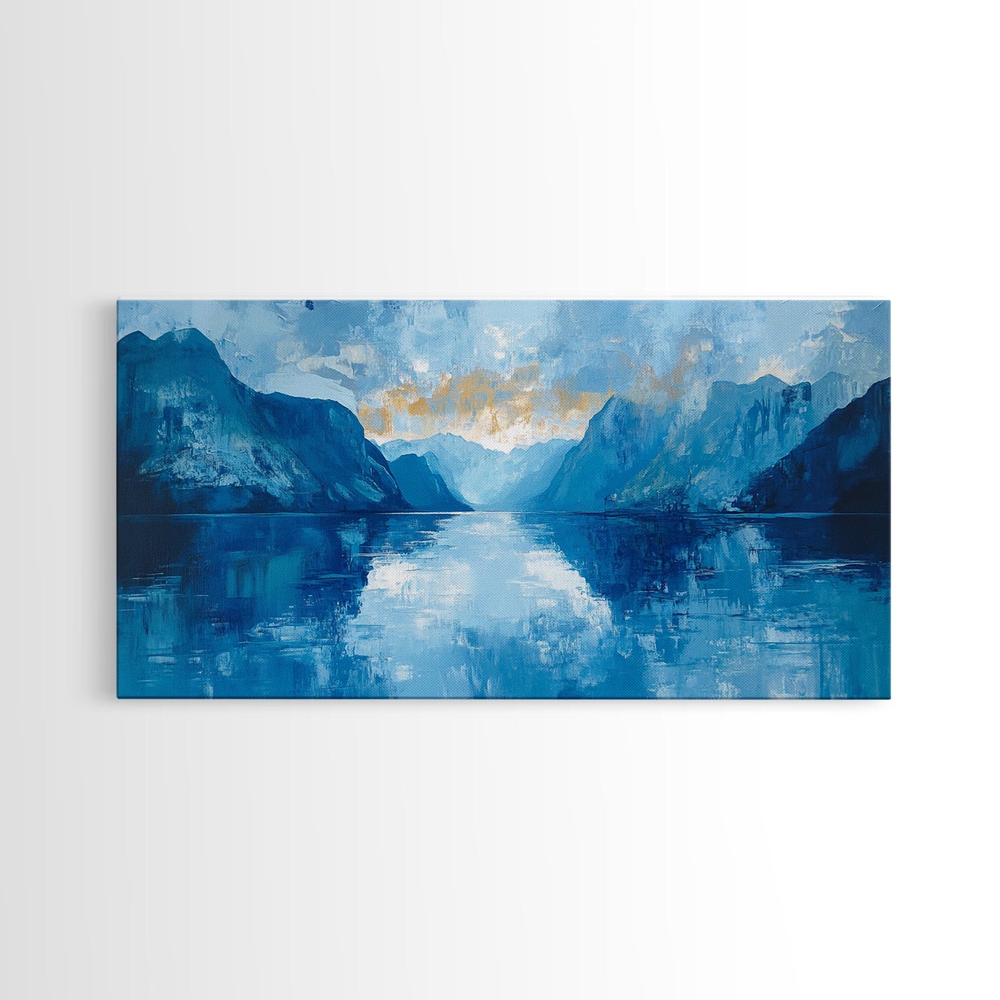 Fjord Painting, Blue and Green Wall Art, Lake Tahoe Art, Nautical Wall Art, Extra Wide Art, Panoramic Painting, Framed Canvas Print