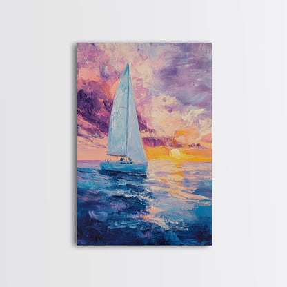 Sailboat Painting, Ocean Sunset Art, Nautical Wall Art, Coastal Landscape, Romantic Seascape, Living Room Art, Canvas Print