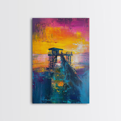 Sunset Pier Painting, Coastal Landscape Art, Vibrant Seascape, Nautical Wall Art, Bold Color Decor, Framed Canvas Print