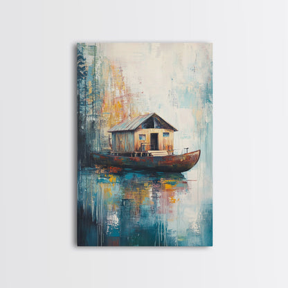 Floating House Painting, Lakefront Scene, Rustic Boat Art, Tranquil Landscape, Water Reflection Art, Framed Canvas Print