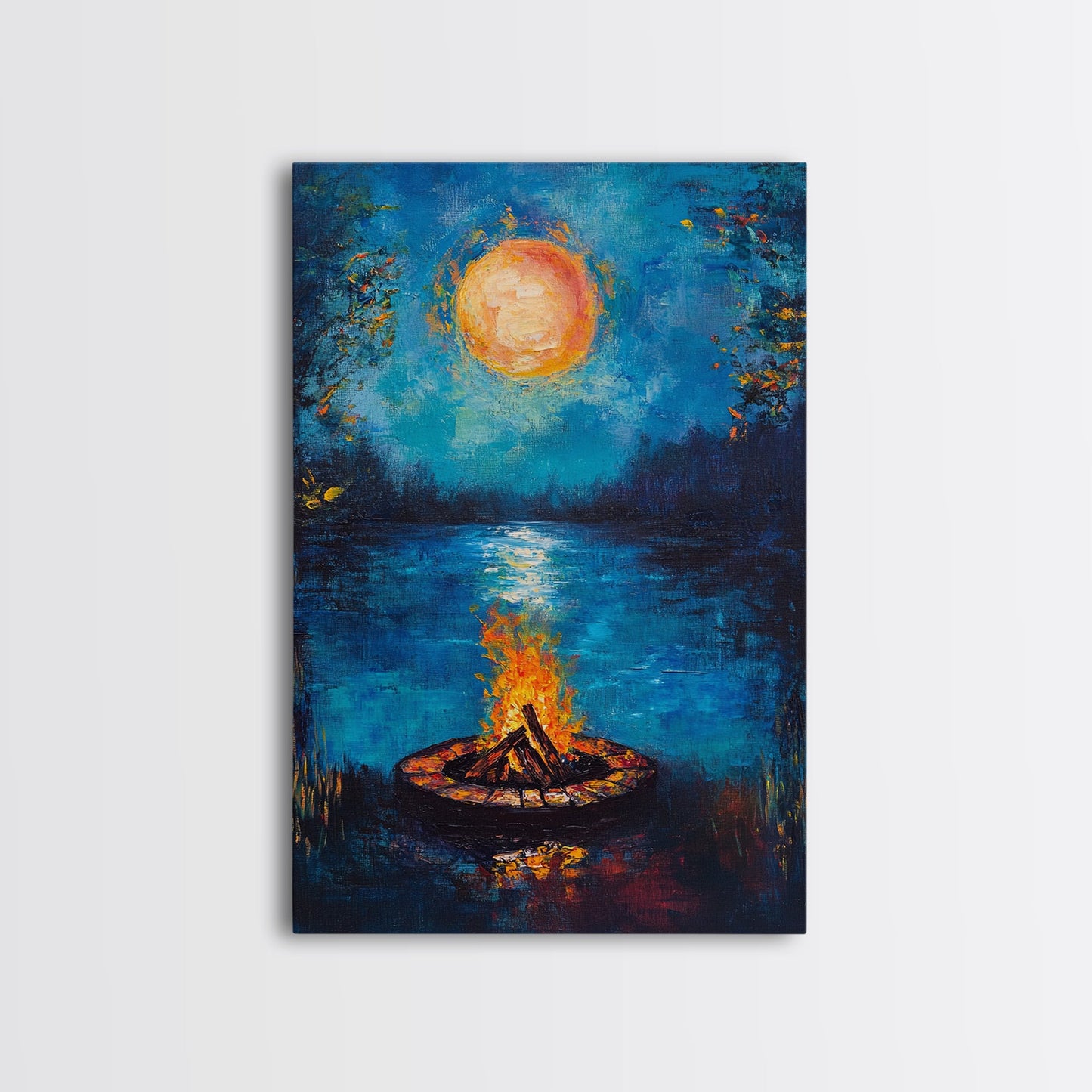 Campfire, Moonlight, Reflection, Framed Canvas Print, landscape painting, moody art, rustic wall art, blue and green wall art, bedroom art