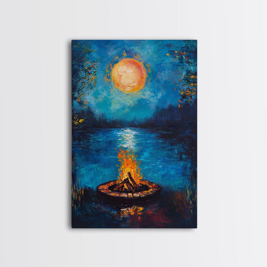 Campfire, Moonlight, Reflection, Framed Canvas Print, landscape painting, moody art, rustic wall art, blue and green wall art, bedroom art
