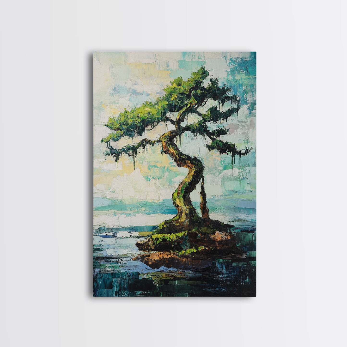 bonsai tree painting, zen wall art, coastal landscape art, blue and green wall art, wabi sabi art, Framed Canvas Print, botanical prints