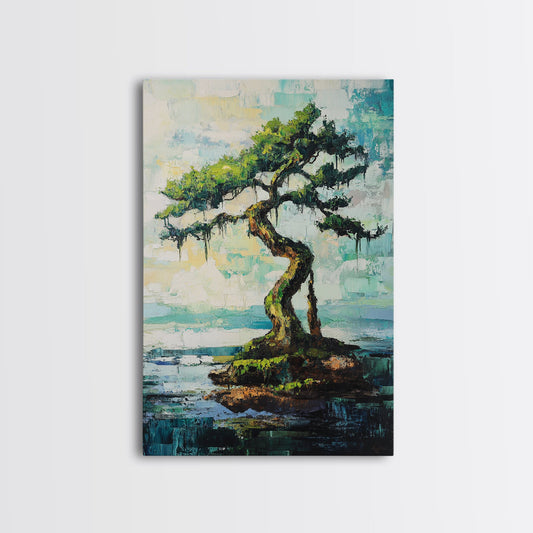 bonsai tree painting, zen wall art, coastal landscape art, blue and green wall art, wabi sabi art, Framed Canvas Print, botanical prints