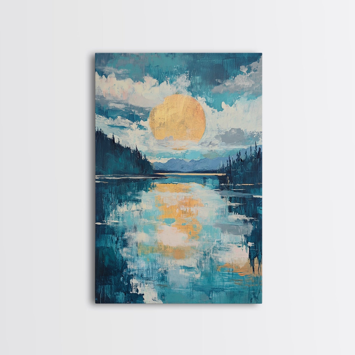 Moon Oil Painting, Smoky Mountain Art, Wabi Sabi Wall Art, Framed Canvas Print, Moody Art, Blue and Green Wall Art, Above Sofa Art