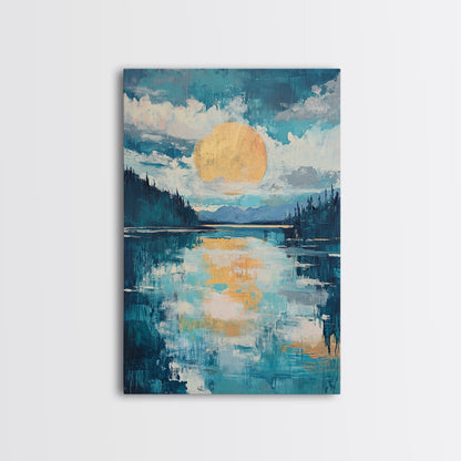 Moon Oil Painting, Smoky Mountain Art, Wabi Sabi Wall Art, Framed Canvas Print, Moody Art, Blue and Green Wall Art, Above Sofa Art