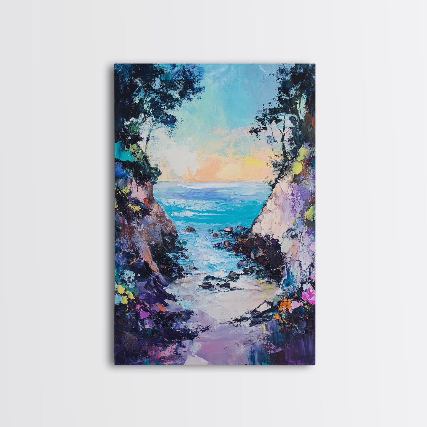 Coastal Cove, seascape painting, coastal decor, nautical wall art, blue and green wall art, framed canvas print, guest room art