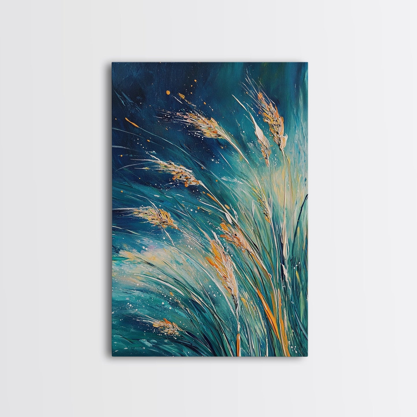 Wheat Fields Framed Canvas Print Rustic Farmhouse Wall Art, Deep Blue Abstract Painting, Autumn Home Decor, Cozy Country Living