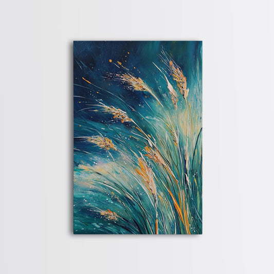 Wheat Fields Framed Canvas Print Rustic Farmhouse Wall Art, Deep Blue Abstract Painting, Autumn Home Decor, Cozy Country Living