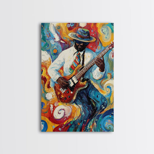 Abstract Jazz Musician Framed Canvas Print, Colorful Jazz Art, Music Wall Art, Living Room Art, Vibrant Musician Painting, Eclectic Art