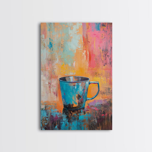 Boho Coffee Cup Framed Canvas Print Vibrant Abstract Wall Art, Rustic Kitchen Decor, Cozy Cafe Artwork, Warm Colorful Home Accent