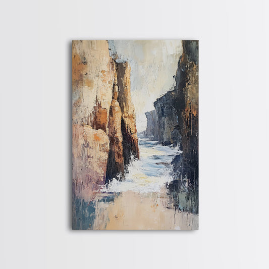 Canyon Coastal Waves Framed Canvas Print Dramatic Landscape Wall Art, Nature Painting, Rustic Western Art, Ocean Cliffs Artwork