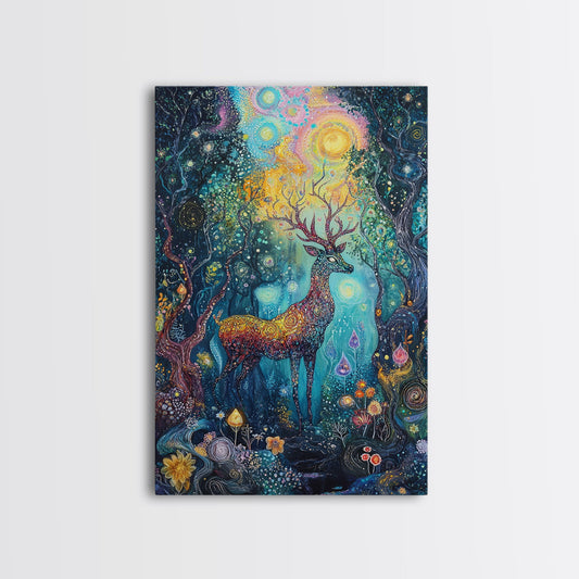 Celestial Deer, Magical Forest, Fantasy Animal Art, Enchanted Wall Art, Cottagecore Wall Art, Above Couch Art, Framed Canvas Print