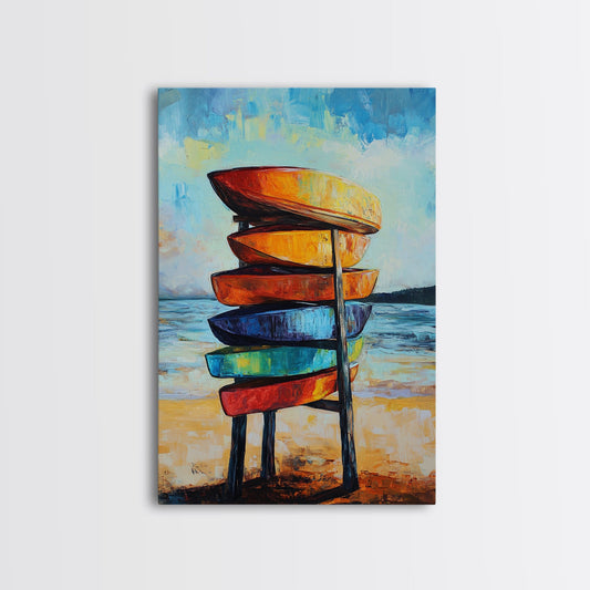 Kayaks On Shore, Coastal Decor, Nautical Painting, Surf Art, Cottagecore Wall Art, Extra Wide Art, Living Room Art, Canvas Print