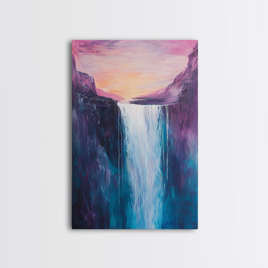 Waterfall Sunset, Moody Art, Mountain Painting, Landscape Painting, Pink Orange Wall Art, Above Couch Art, Canvas Print