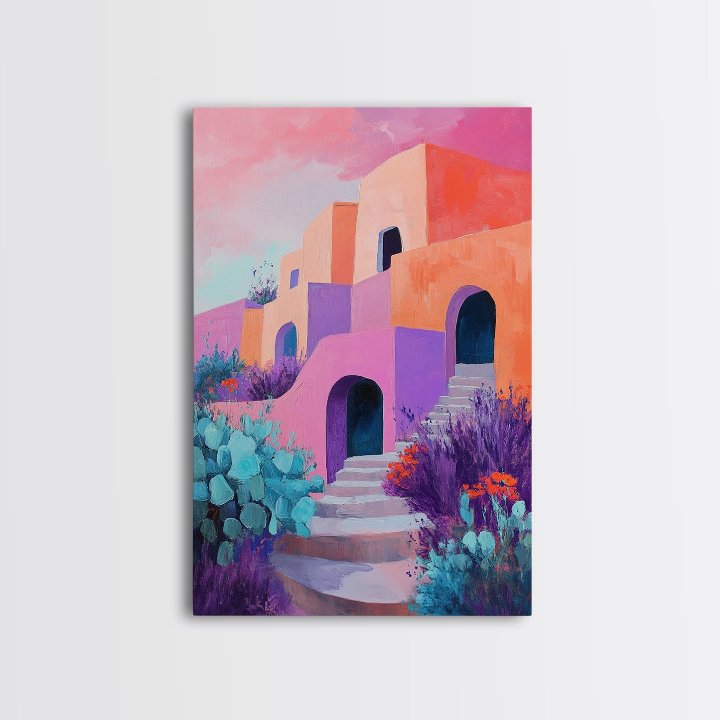 Desert House, Southwest Art, Colorful Adobe Painting, Boho Wall Art, Pink Orange Wall Art, Living Room Art, Framed Canvas Print