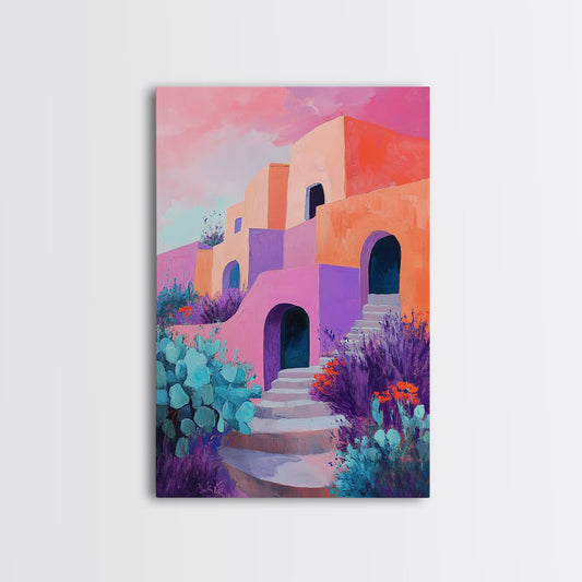Desert House, Southwest Art, Colorful Adobe Painting, Boho Wall Art, Pink Orange Wall Art, Living Room Art, Framed Canvas Print