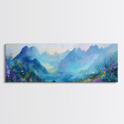 Alpine Sunrise Framed Canvas Print - Misty Mountain Wall Art, Nature Landscape Painting, Warm Toned Home Decor, Living Room Accent