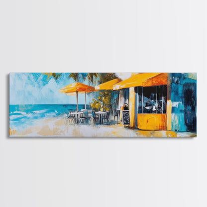 Beachfront Café Painting, Rustic Coastal Restaurant Art, Vibrant Nautical Wall Decor, Warm and Inviting Kitchen, Canvas Print