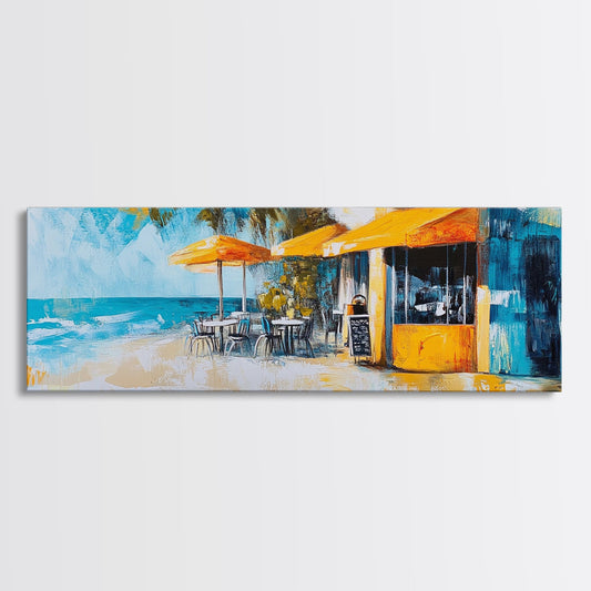 Beachfront Café Painting, Rustic Coastal Restaurant Art, Vibrant Nautical Wall Decor, Warm and Inviting Kitchen, Canvas Print