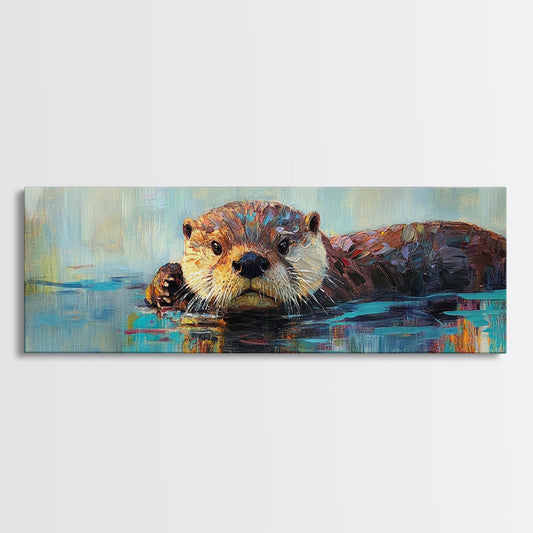 Playful Otter Painting Canvas Print Wildlife Animal Art Whimsical Nature Artwork Colorful Cute Wall Art Kids Room Nursery Decor
