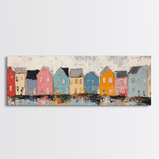 Coastal Village Houses Framed Canvas Print Colorful Seaside Town Painting Rustic Home Wall Art Nautical Decor Large Wall Art